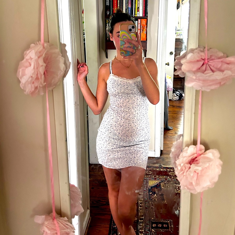 Blue and white floral body con dress